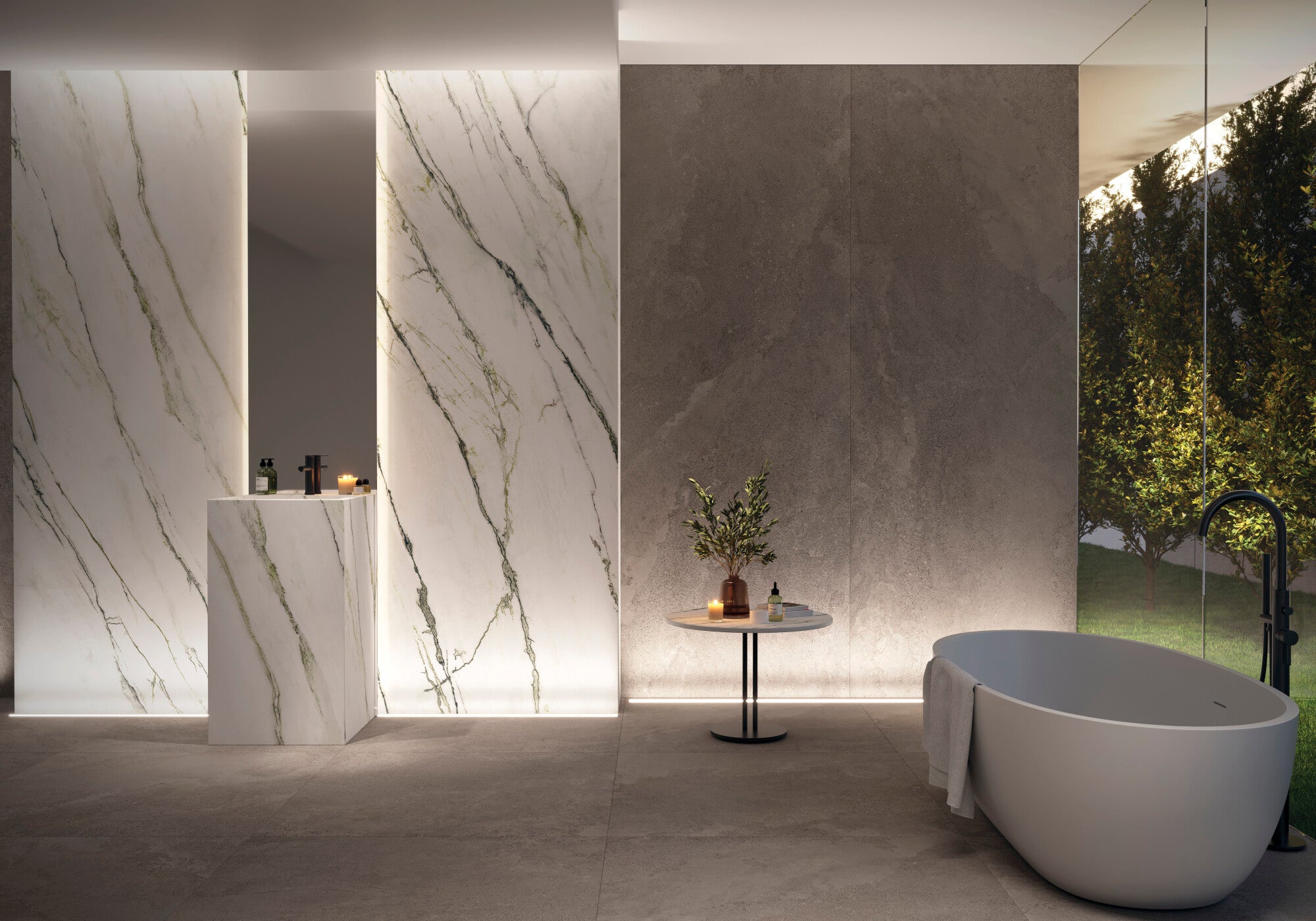 Calacatta Green ceramic wall tile featured in a modern bathroom design with elegant fixtures.