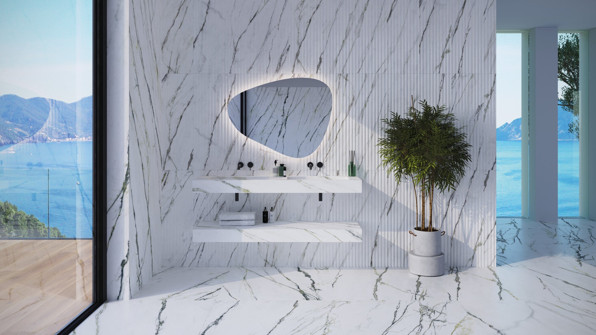 Calacatta Green ceramic wall tile bathroom with elegant shelves and a view of the sea.