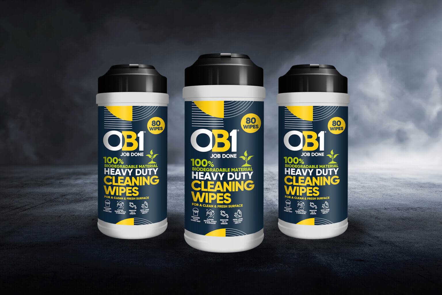 OB1 Heavy Duty Biodegradable Cleaning Wipes - 100% biodegradable material in three canisters.