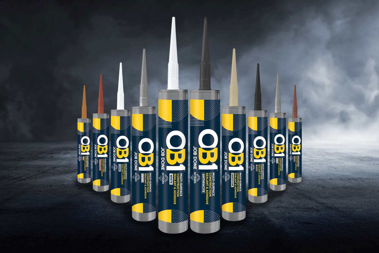 OB1 multi-surface construction sealant products displayed in various colors against a dark background.
