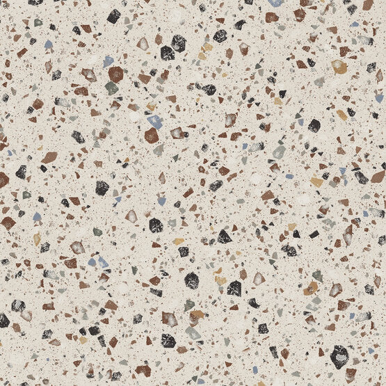 Coccio Terrazzo 60x60cm - £41.99 per M² showcasing a matt porcelain tile with multicoloured shale fragments.