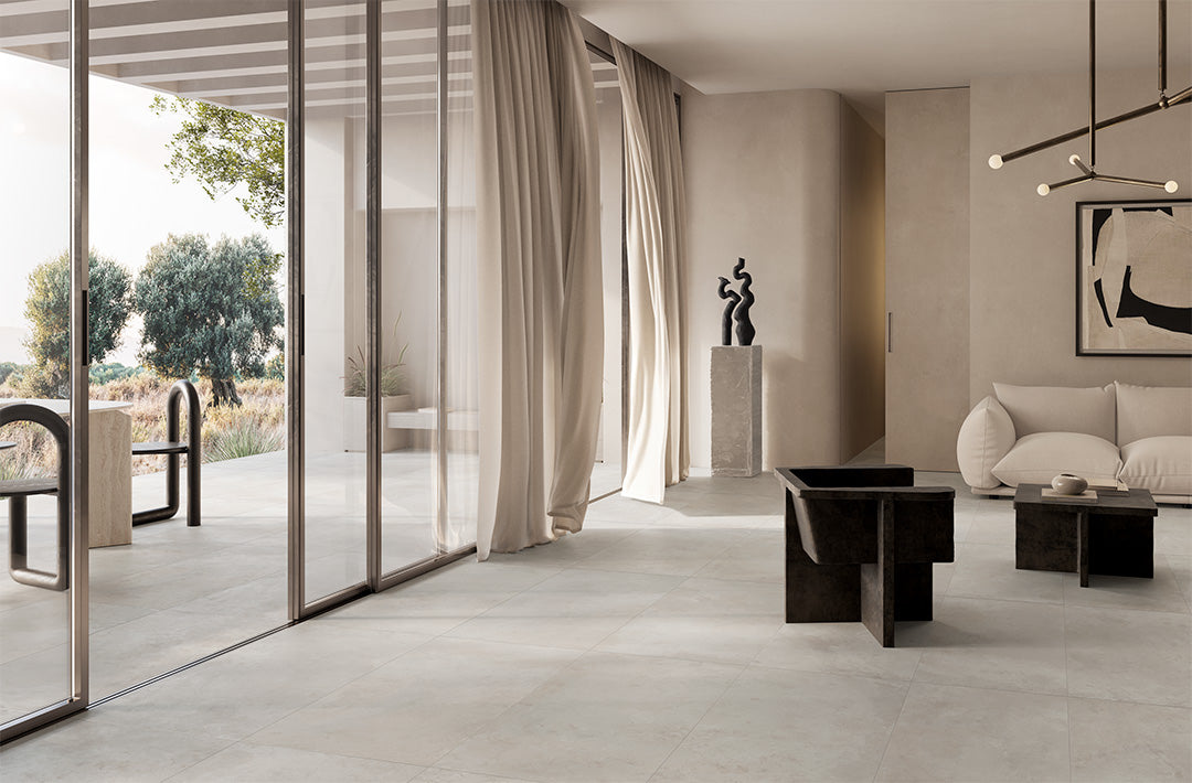 Frame Grey 80x80cm flooring in a modern minimalist living space, combining elegance and contemporary design.