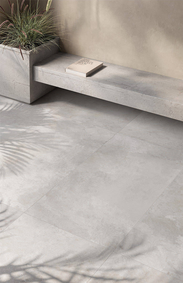 Frame Grey 80x80cm flooring with soft concrete-inspired texture and a modern minimalism style.