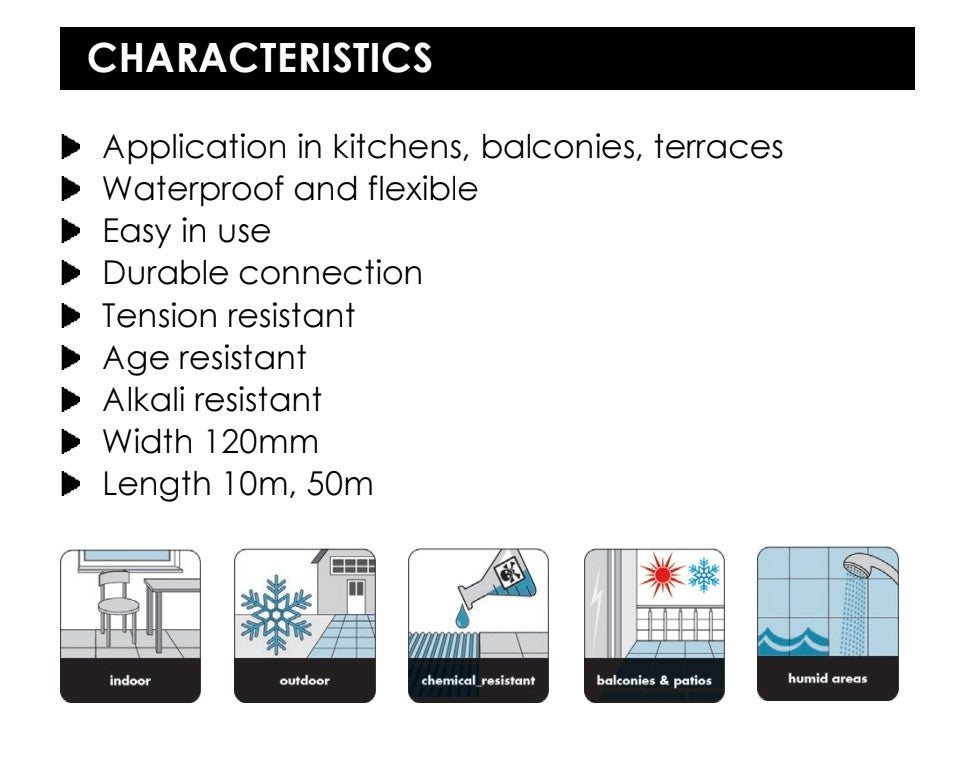 Characteristics of Ceresit CL152 Non Self Adhesive Tanking Tape, including waterproof, flexible, and usage in various areas.