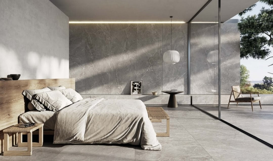 Alchemy Iron 60x120cm - £49.99 per M² showcased in a modern bedroom with elegant decor.