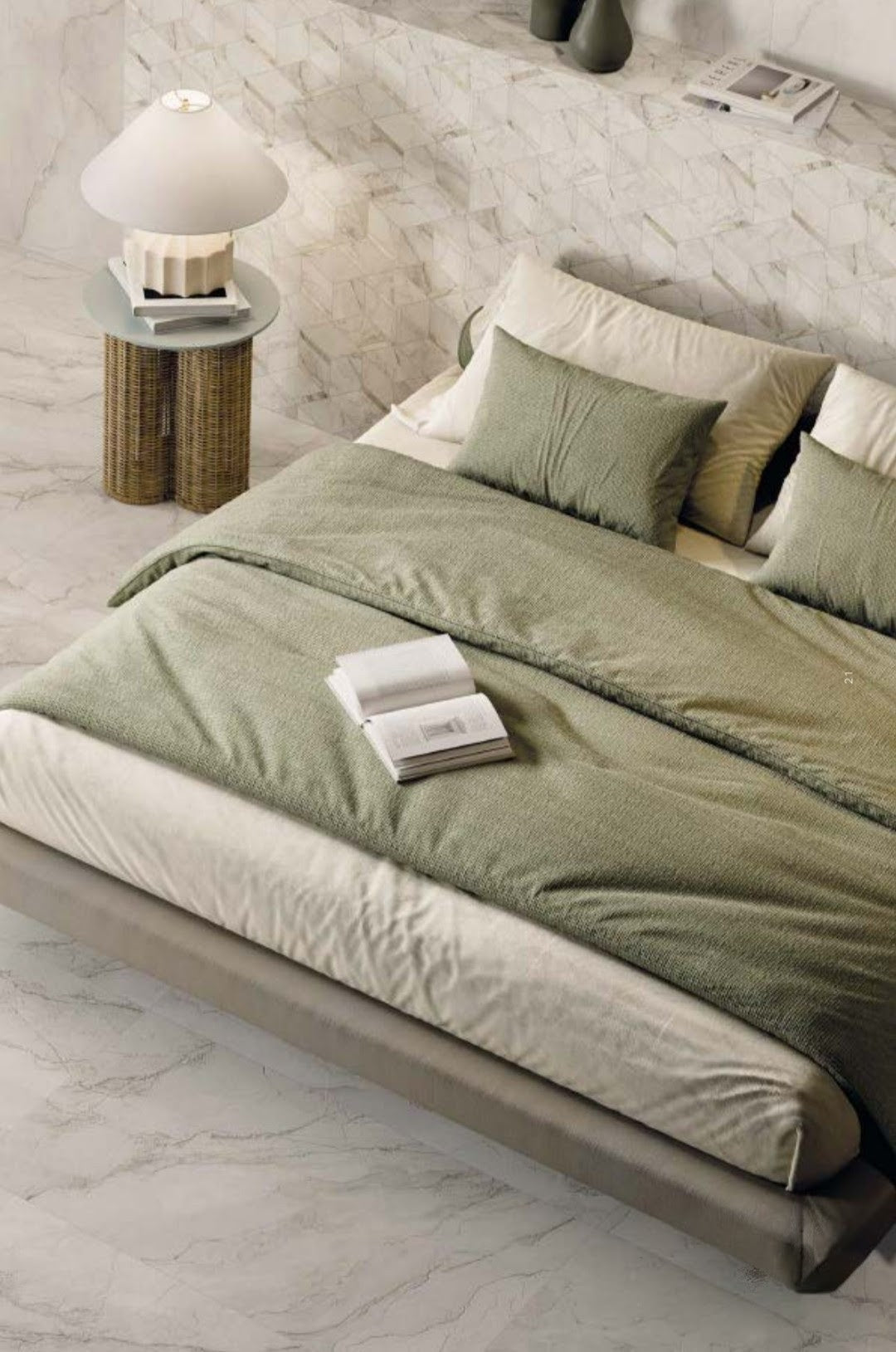 Bolgheri Stone White 60x120cm tile flooring featured in a serene bedroom setting with soft green bedding.