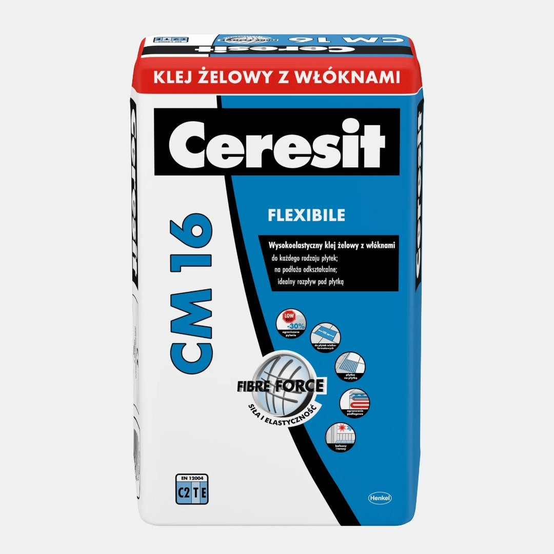 Ceresit CM16 Flexible Slowset C2 Grey 22.5kg tile adhesive package featuring Fiber Force technology.