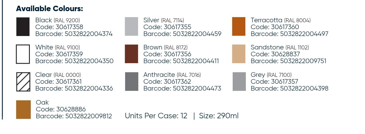 Available colours for OB1 multi-surface construction sealant: Black, Silver, White, Brown, Clear, Terracotta, Sandstone, Anthracite, Grey, Oak.