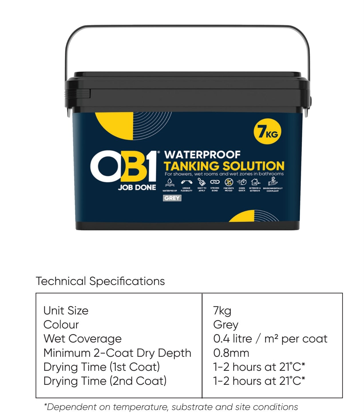 OB1 waterproof tanking solution 7kg in a black bucket with technical specifications.