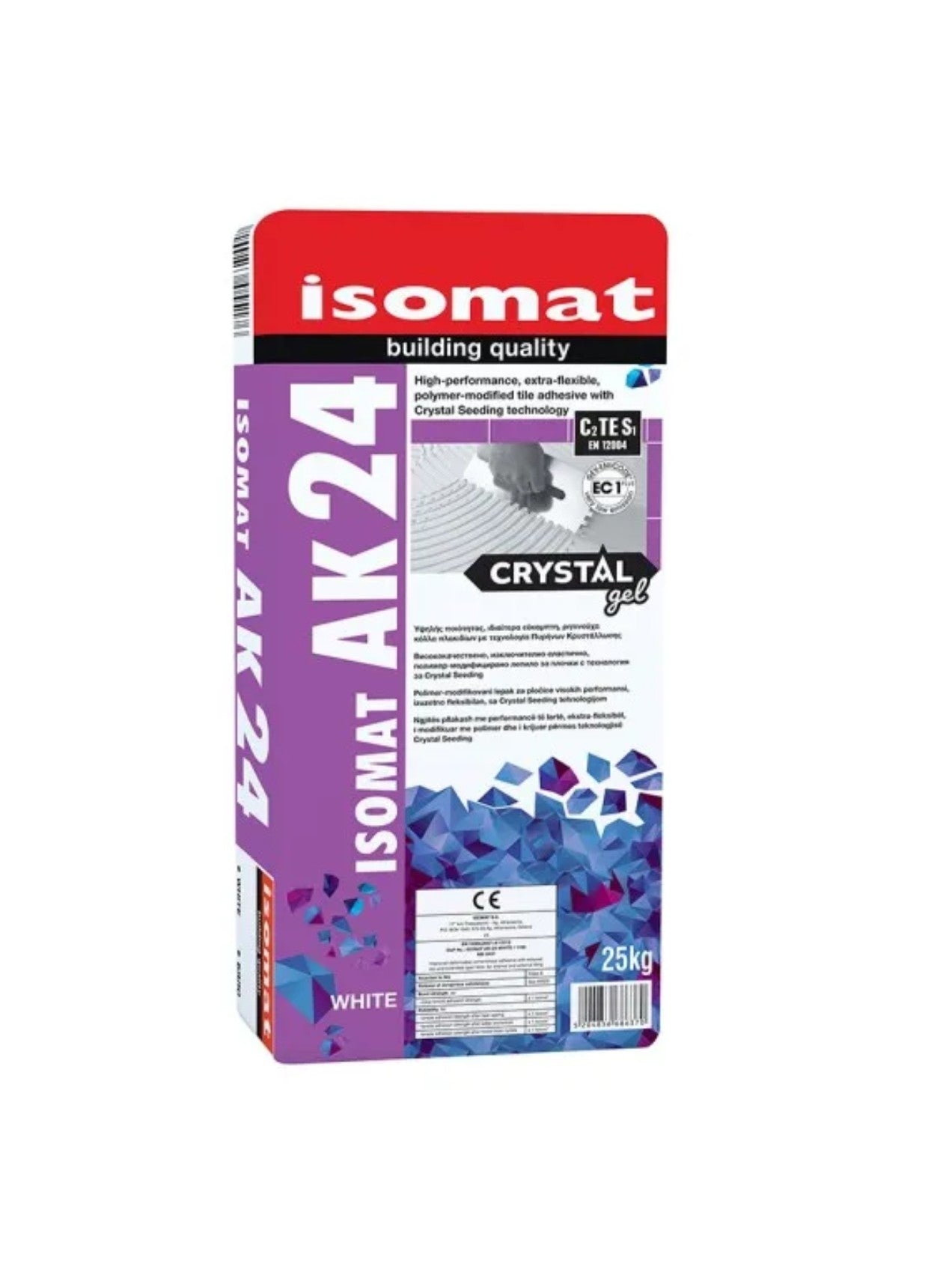 Isomat AK24 Crystal Gel S1 Slowset White Tile Adhesive packaging 25kg with innovative features.