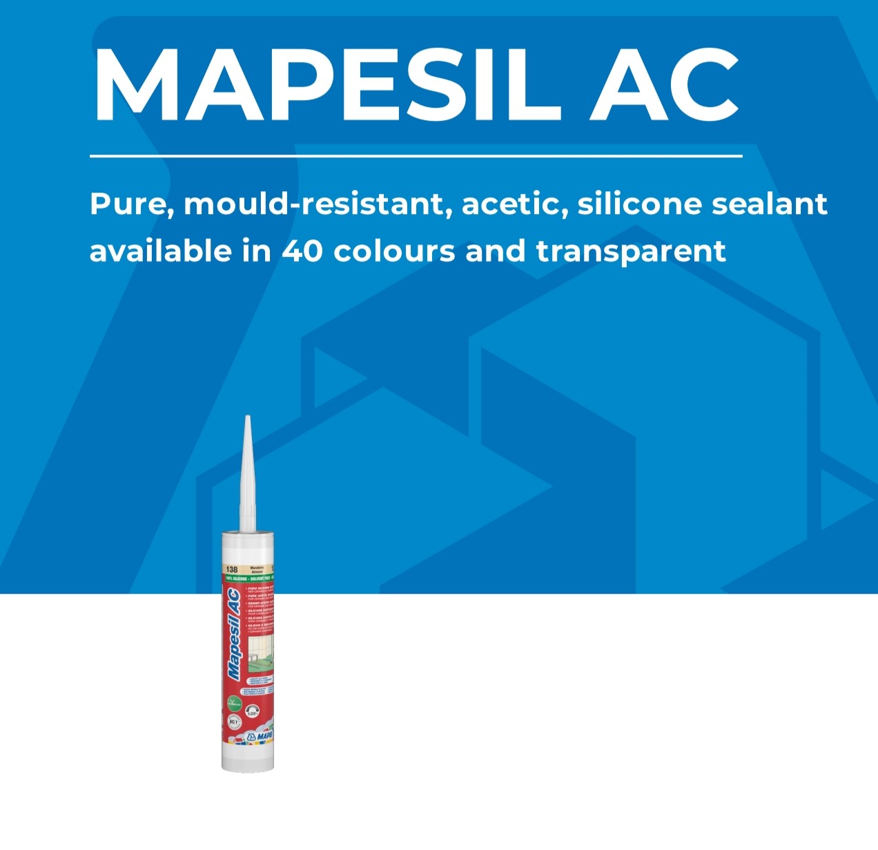 Mapei Mapesil AC mould-resistant silicone sealant in 40 colors and transparent, featured in a 310ml tube.