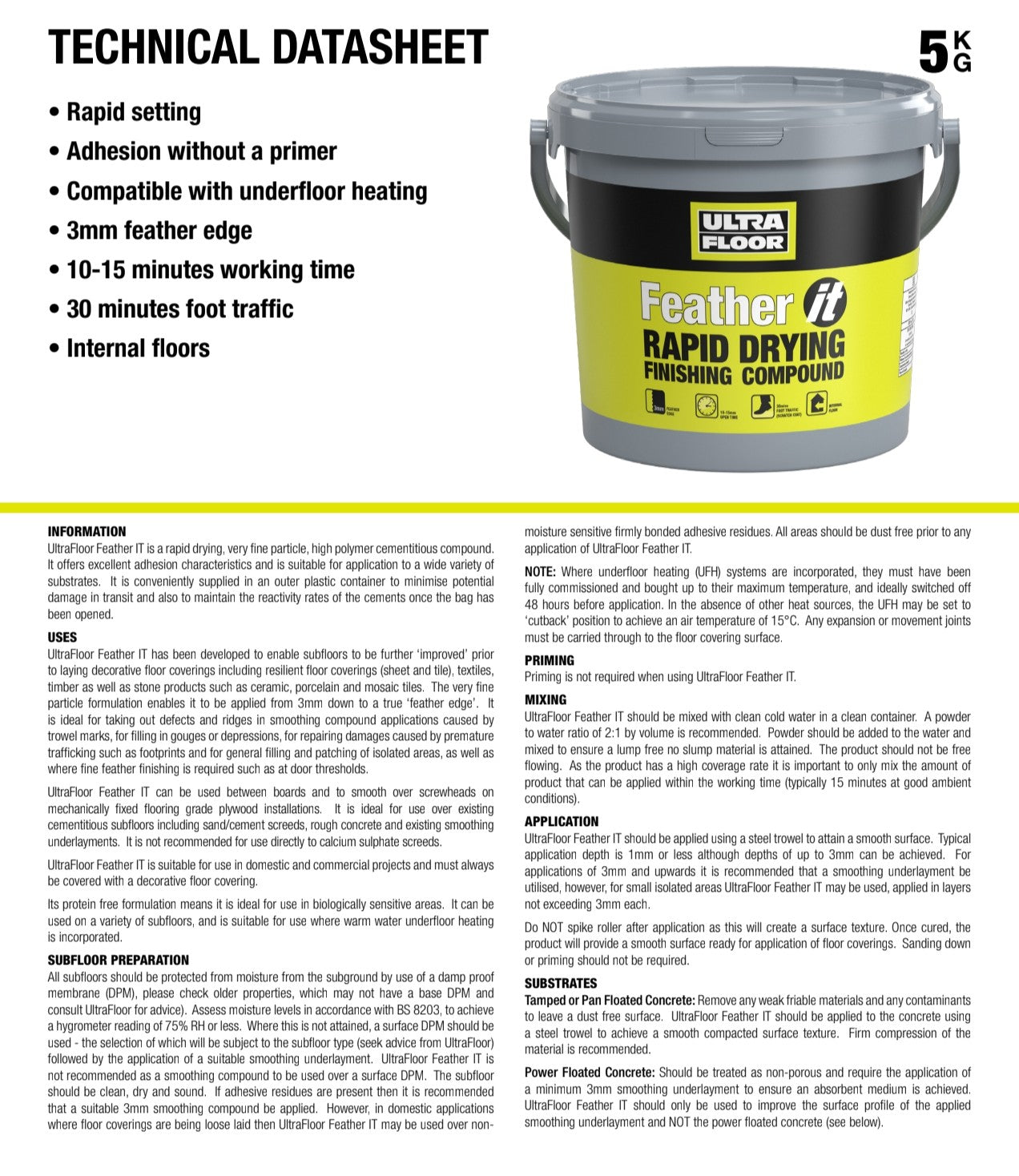 Ultra Feather It 5kg technical datasheet for feathering compound with rapid drying features and application instructions.