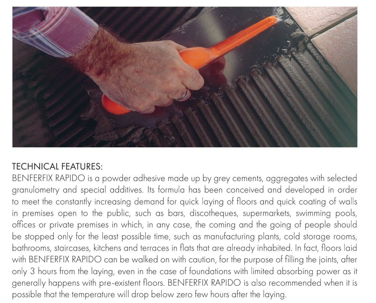 Applying Benfer Benferfix Rapid adhesive for fast floor and wall installations in public premises.