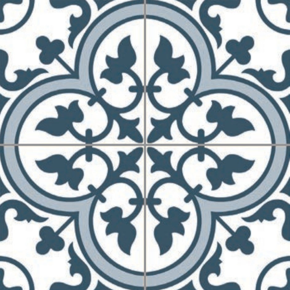 Crompton Marine Blue decorative tile design featuring intricate patterns in blue and white.