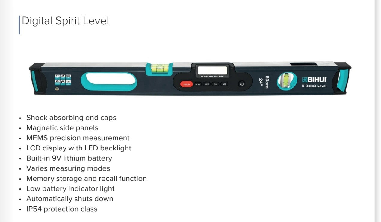 Bihui Digital Spirit Level showcasing LCD display, magnetic side panels, and 9V battery for precise measurements.