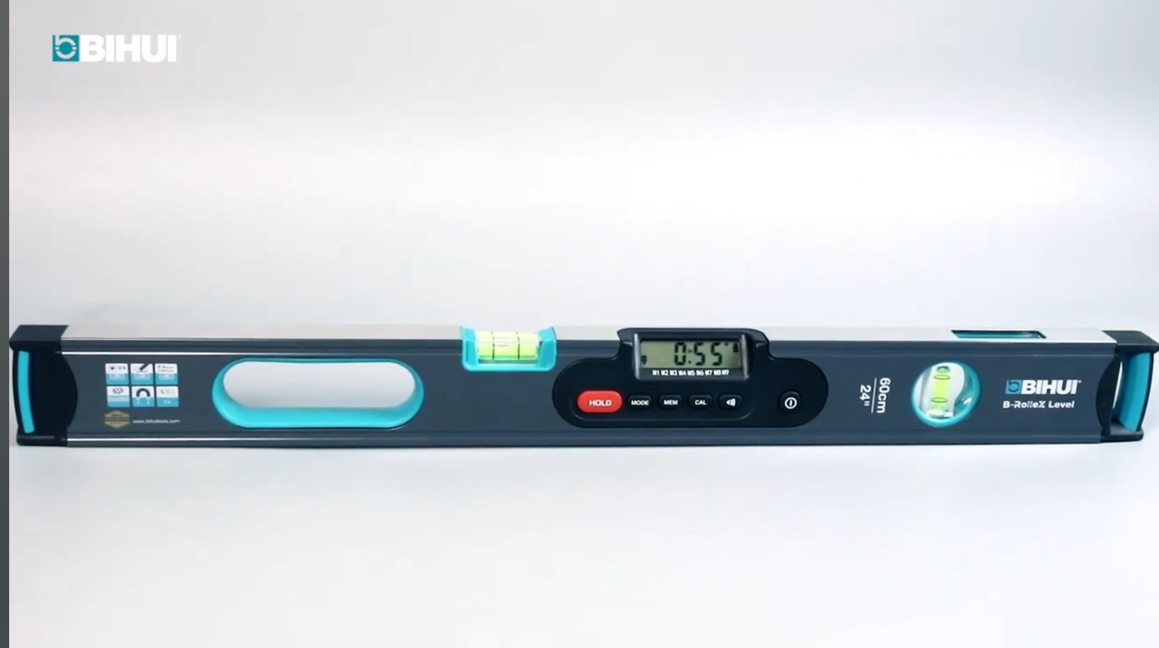 Bihui Digital Spirit Level showing LCD display and large magnets for easy use and precision.