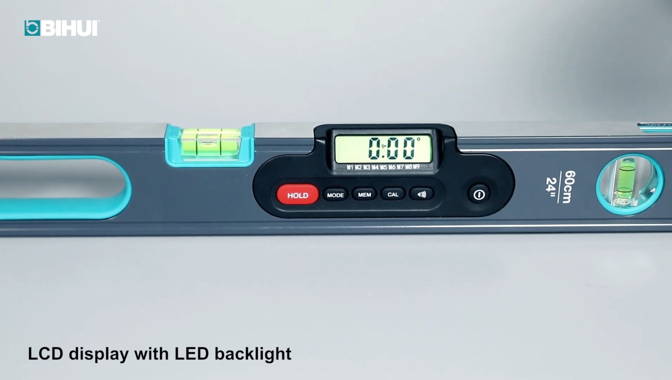 Bihui Digital Spirit Level featuring LCD display with LED backlight and magnified vial for accurate readings.
