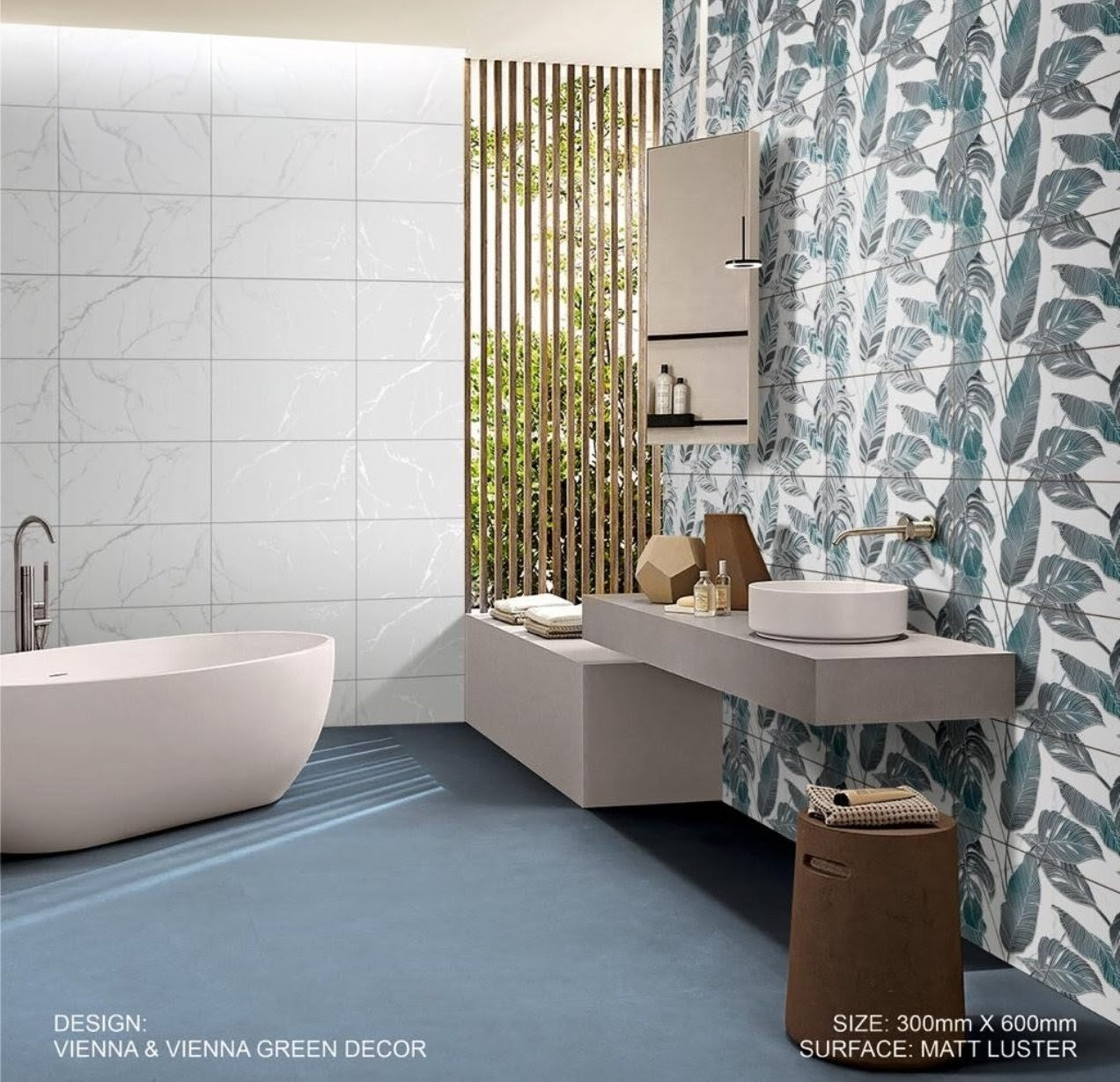 Vienna green floral ceramic wall tiles in a modern bathroom, showcasing botanical elegance and contemporary design.