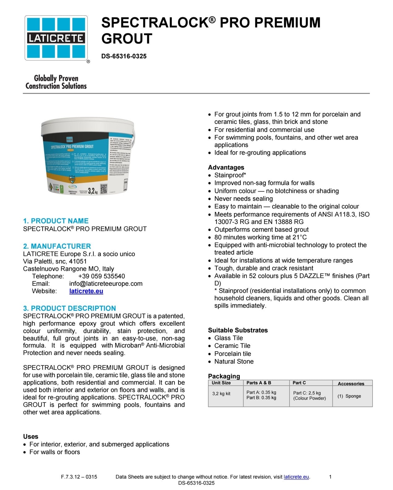 Laticrete Spectralock Pro Premium Epoxy Grout product information sheet with specifications and usage details.