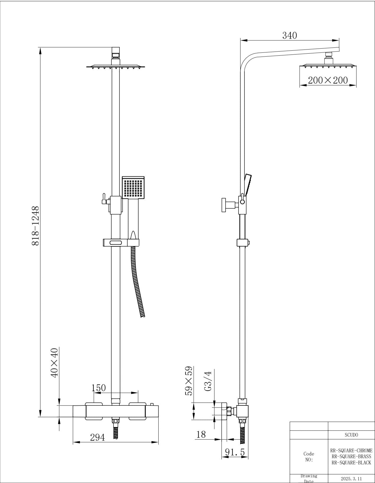 Elliot Chrome Square Rigid Riser Shower Inc. Easykit
