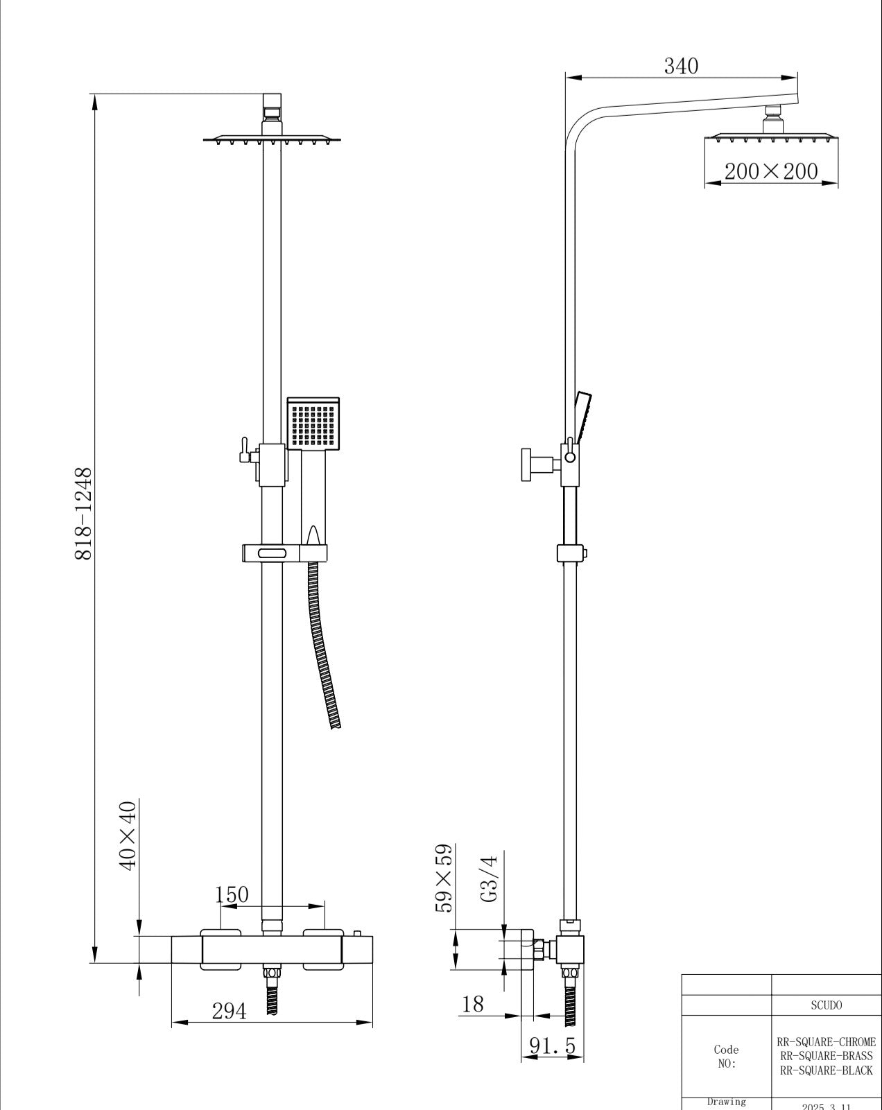 Elliot Brass Square Rigid Riser Shower Inc. Easykit