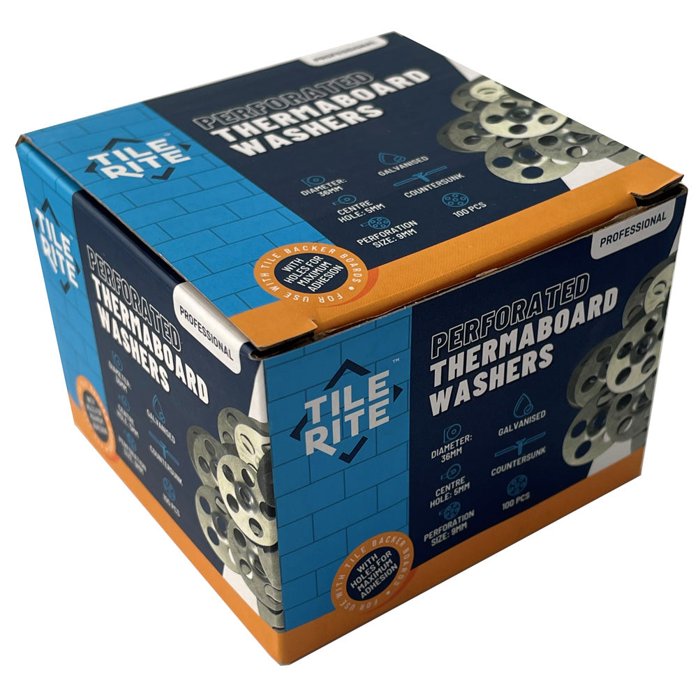 Tilerite thermaboard xps washers box packaging showcasing perforated design and professional features.