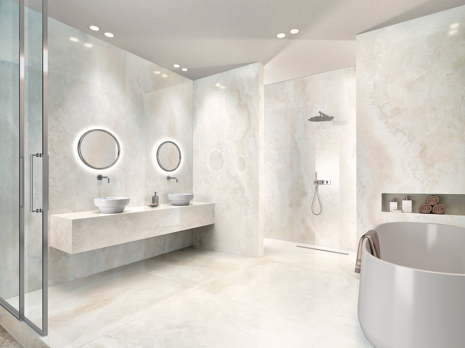 Modern bathroom design featuring Onyx Diamond tiles with elegant fixtures and a sleek, polished finish.