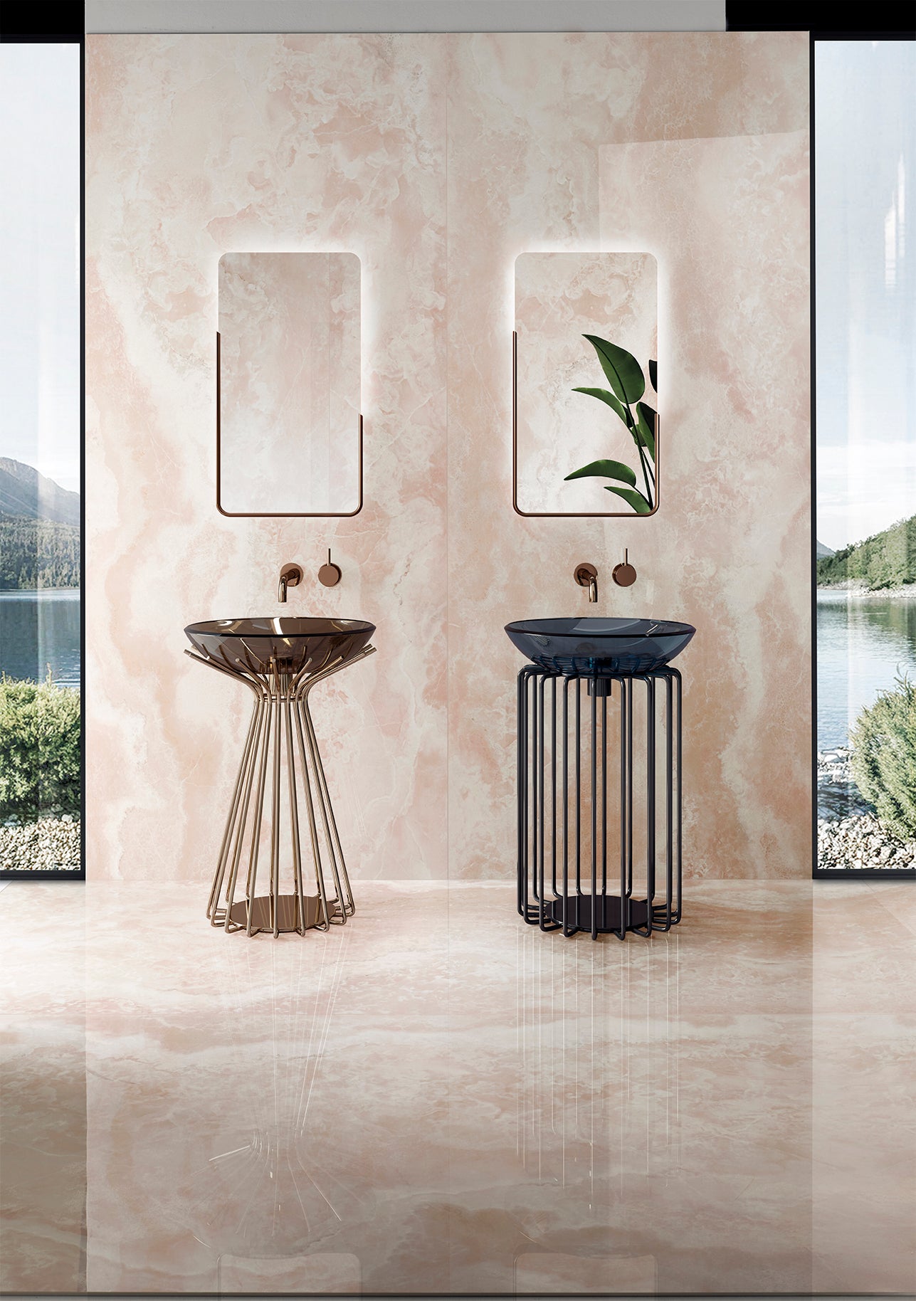 Onyx Diamond Flamingo bathroom with elegant sinks and a luminous wall design featuring natural stone effect.