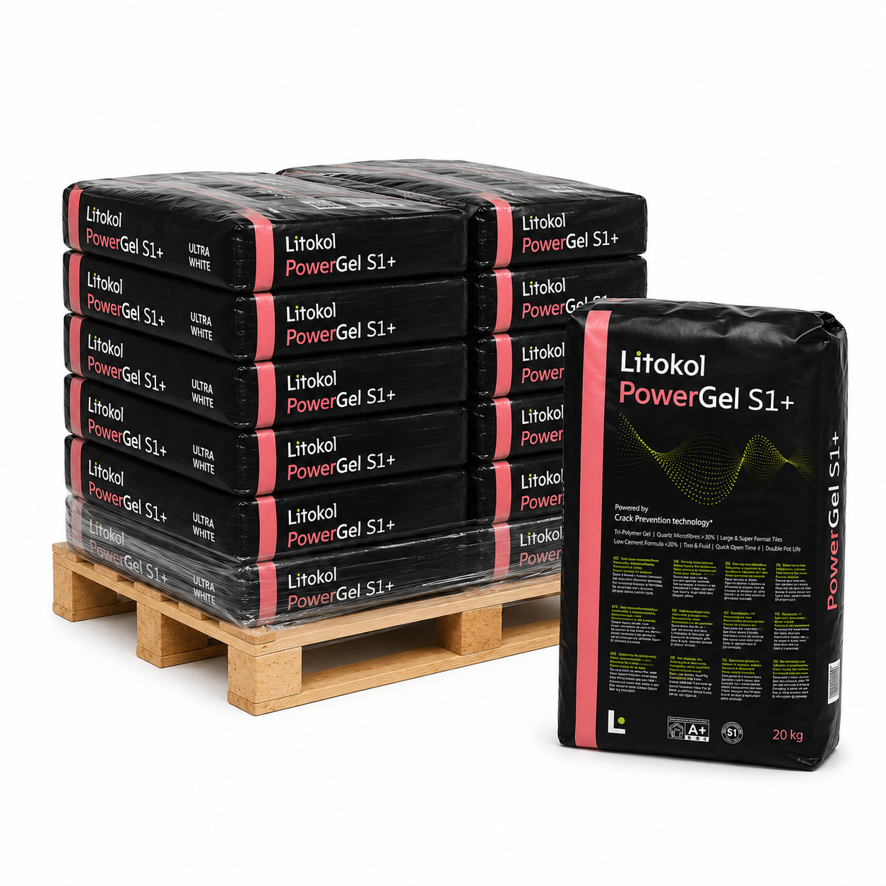 Litokol Powergel Slowset S1+ Ultra White 20kg - Half Pallet 24 Bags with packaging and pallet display.