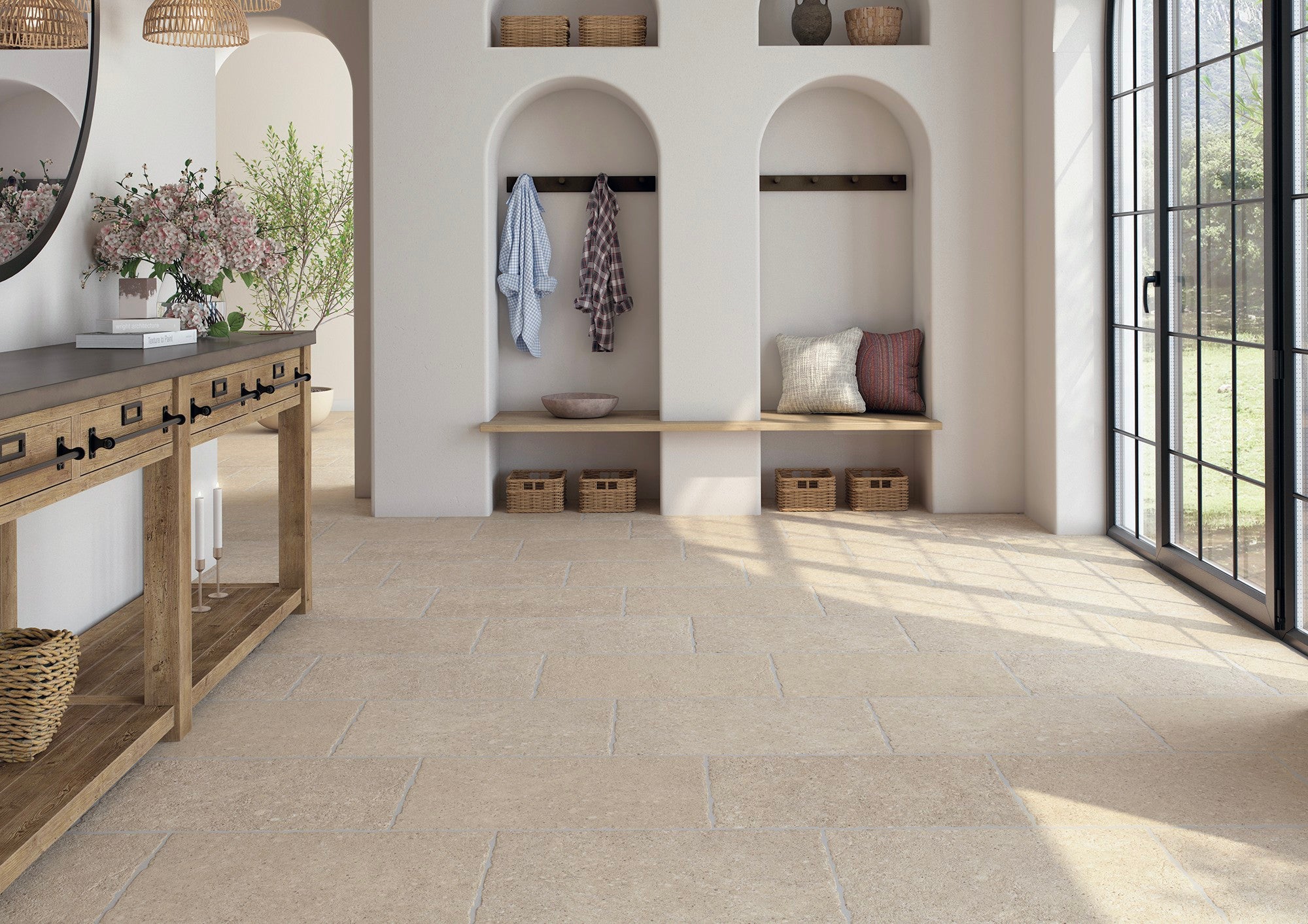 Stylish interior showcasing Ette Natural flooring, featuring warm, sandy hues and a contemporary design.
