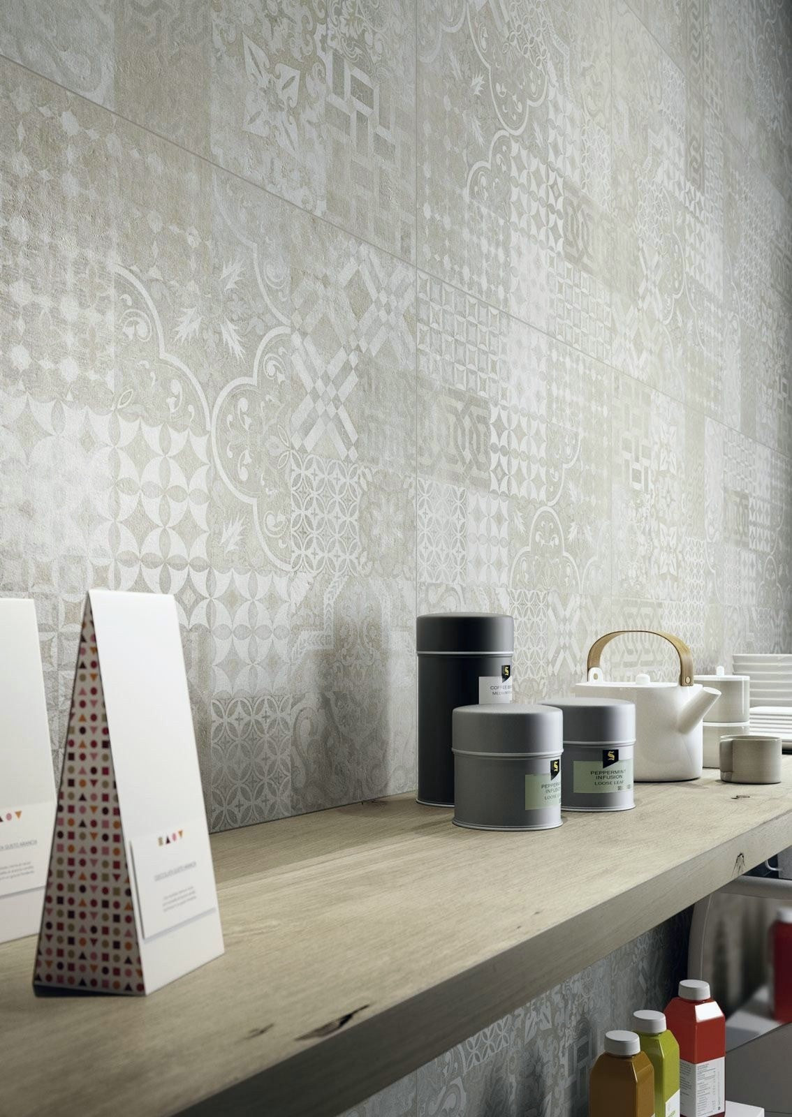 Plaster Decor Greige tile in a stylish interior setting showcasing intricate patterns.