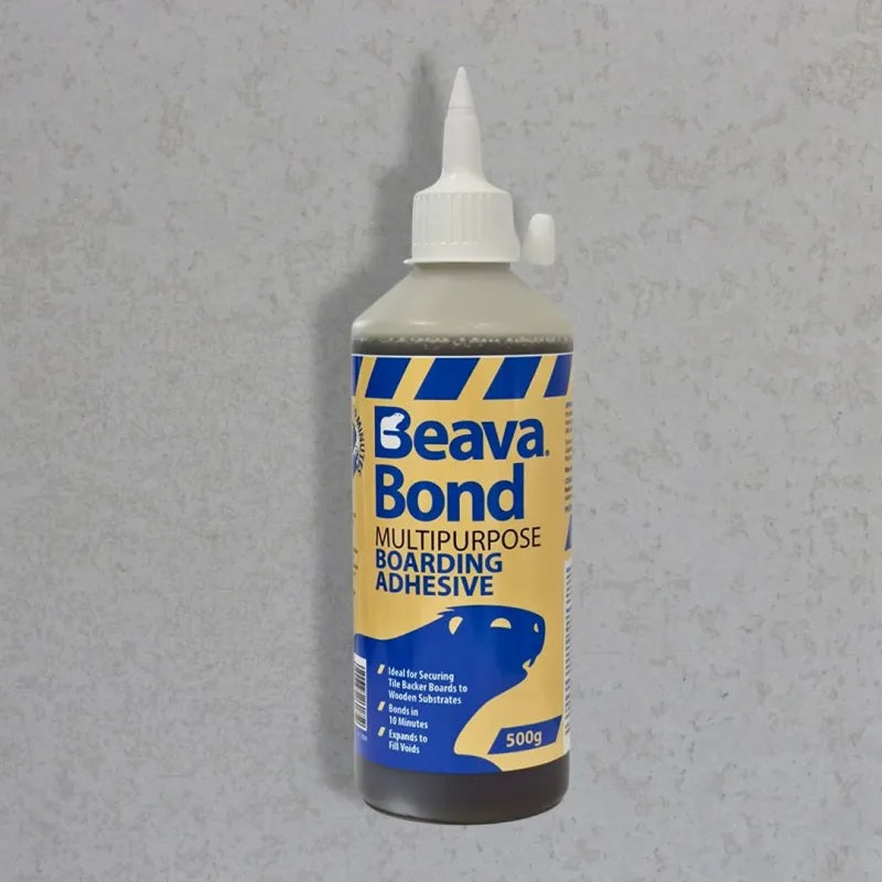 BeavaBond Cement Board Adhesive 500g bottle with labeling for multipurpose use, ideal for fast bonding.
