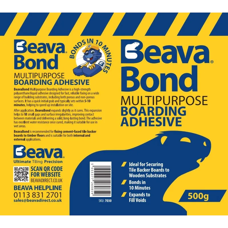 BeavaBond Multipurpose Boarding Adhesive 500g packaging with product details and features.