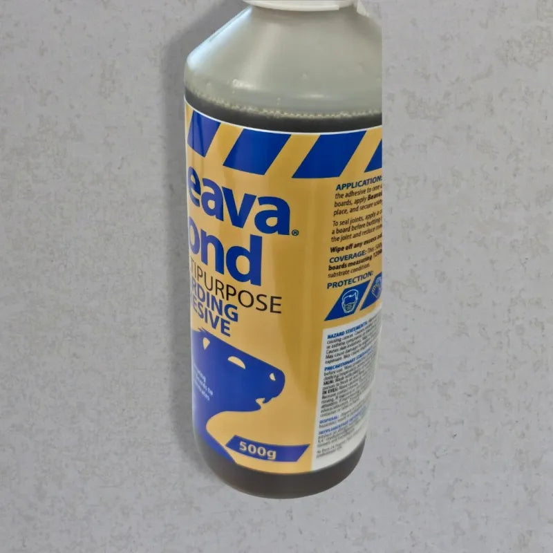BeavaBond Cement Board Adhesive 500g bottle for reliable fixing on various building substrates.