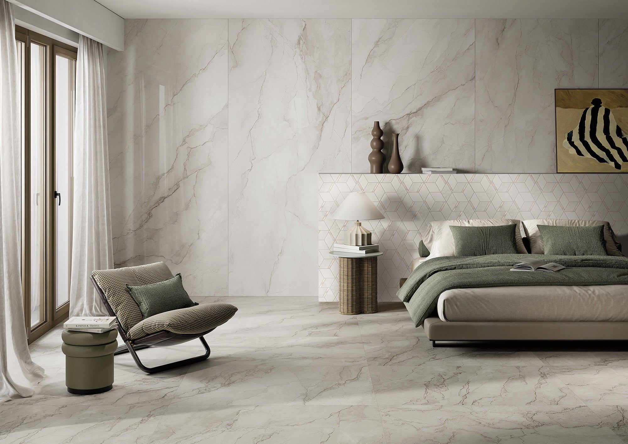 Interior view showcasing Bolgheri Stone White 60x120cm tiles in a modern bedroom setting.