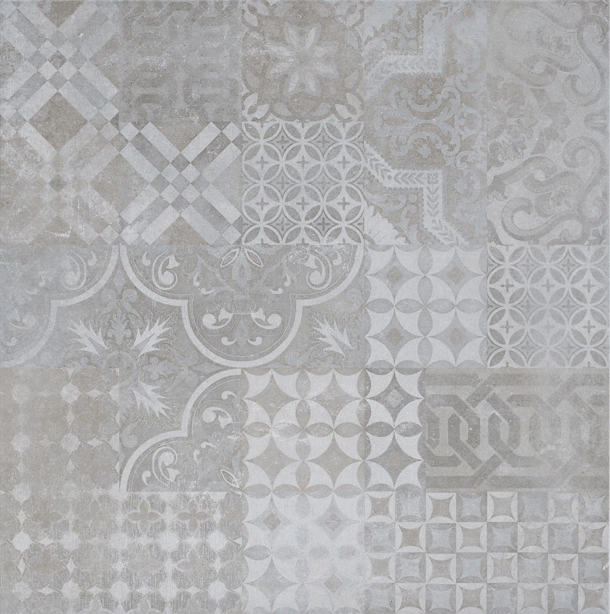 Plaster Decor Greige patchwork tile design in warm grey tones, 60x60cm size, featuring intricate classic patterns.