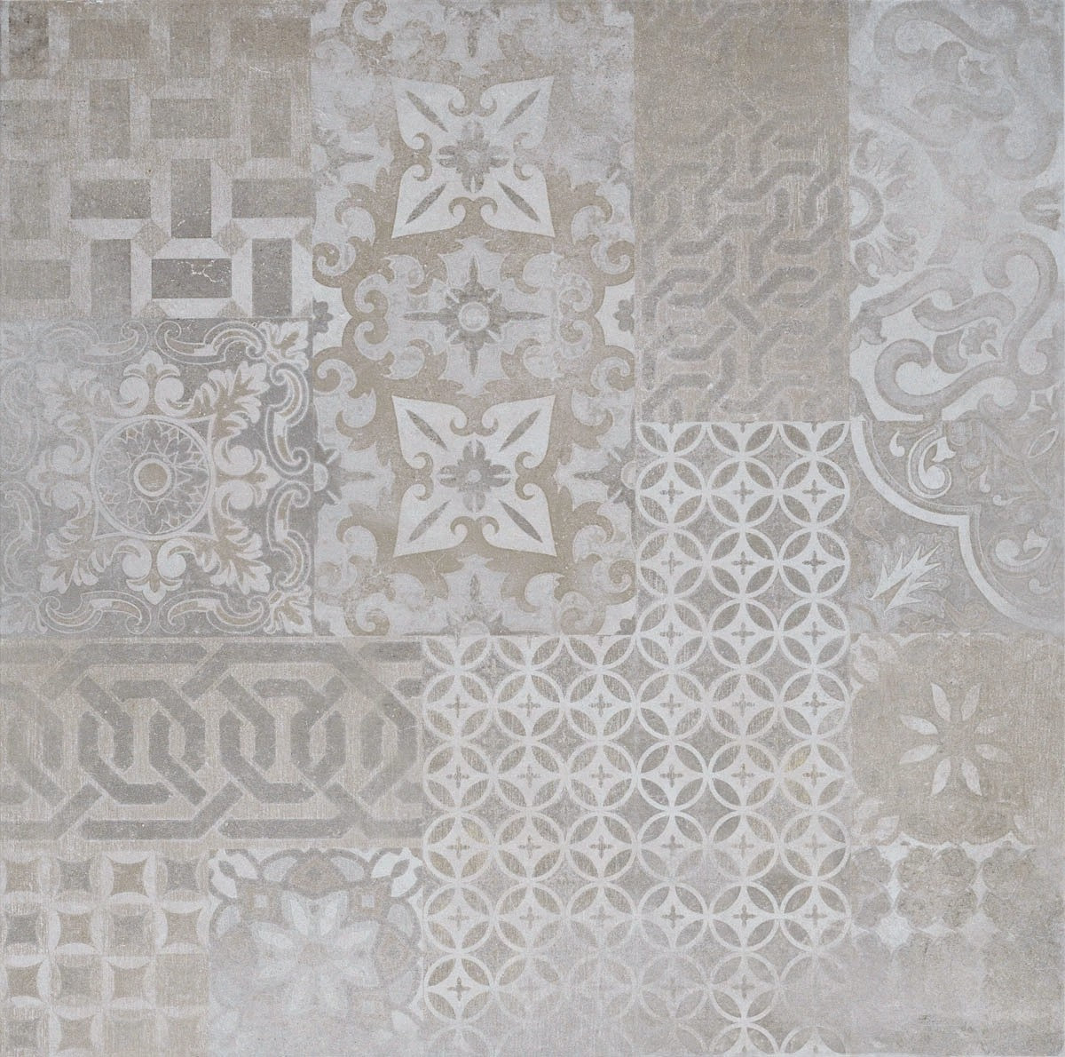 Plaster Decor Greige 60x60cm tile showcasing intricate faded patchwork motifs in warm grey tones.
