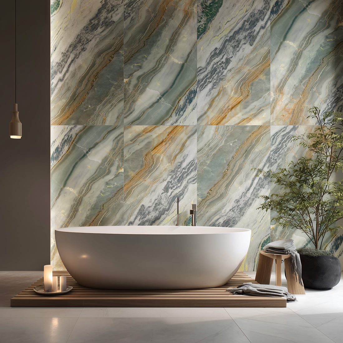 Jade Spark porcelain tiles in a contemporary bathroom with a bathtub and elegant decor.