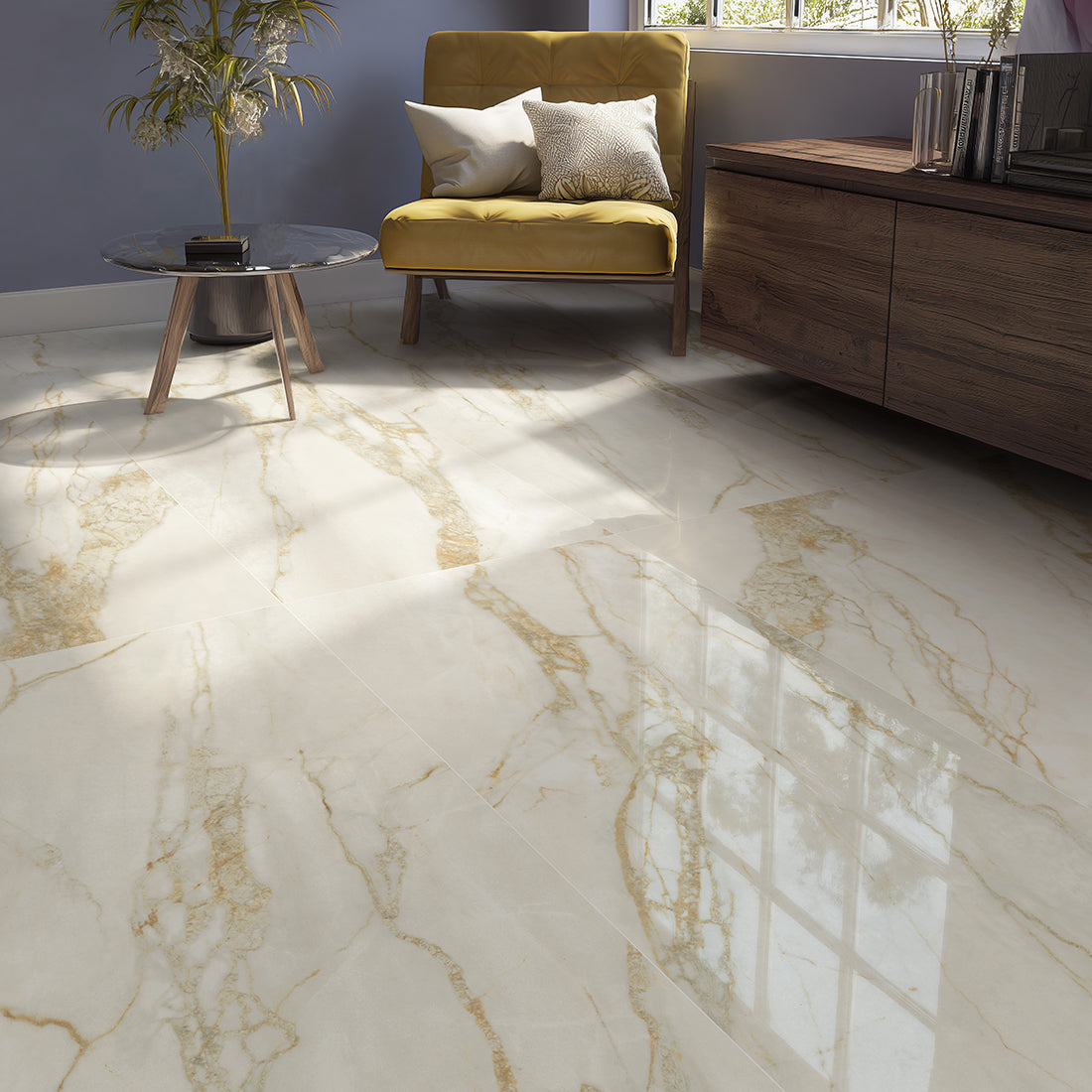 Sand Spark 60x120cm porcelain tile showcasing warm veining and polished finish in a modern interior setting.