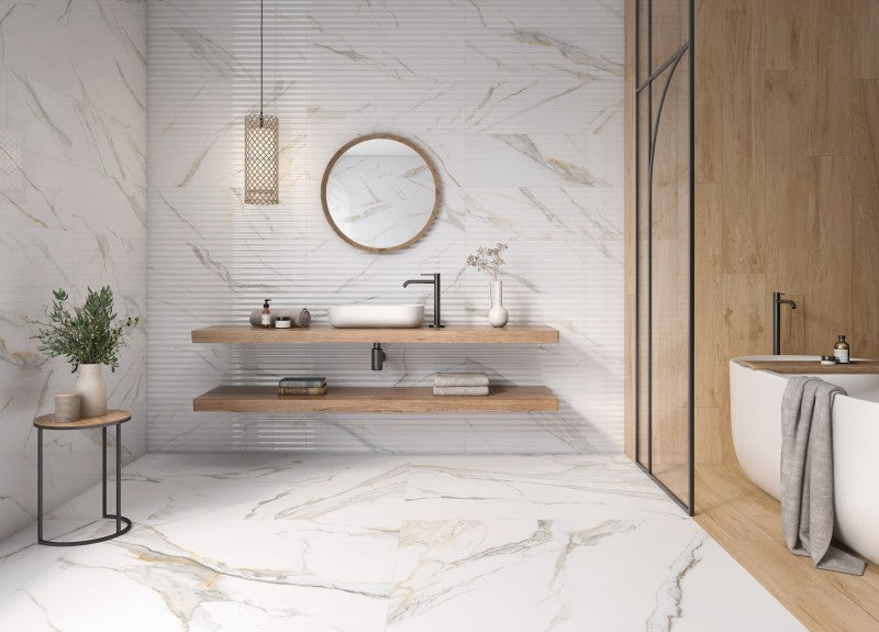 Vogue Gloss 20x60cm ceramic wall tile in a luxurious bathroom setting with elegant marble design.